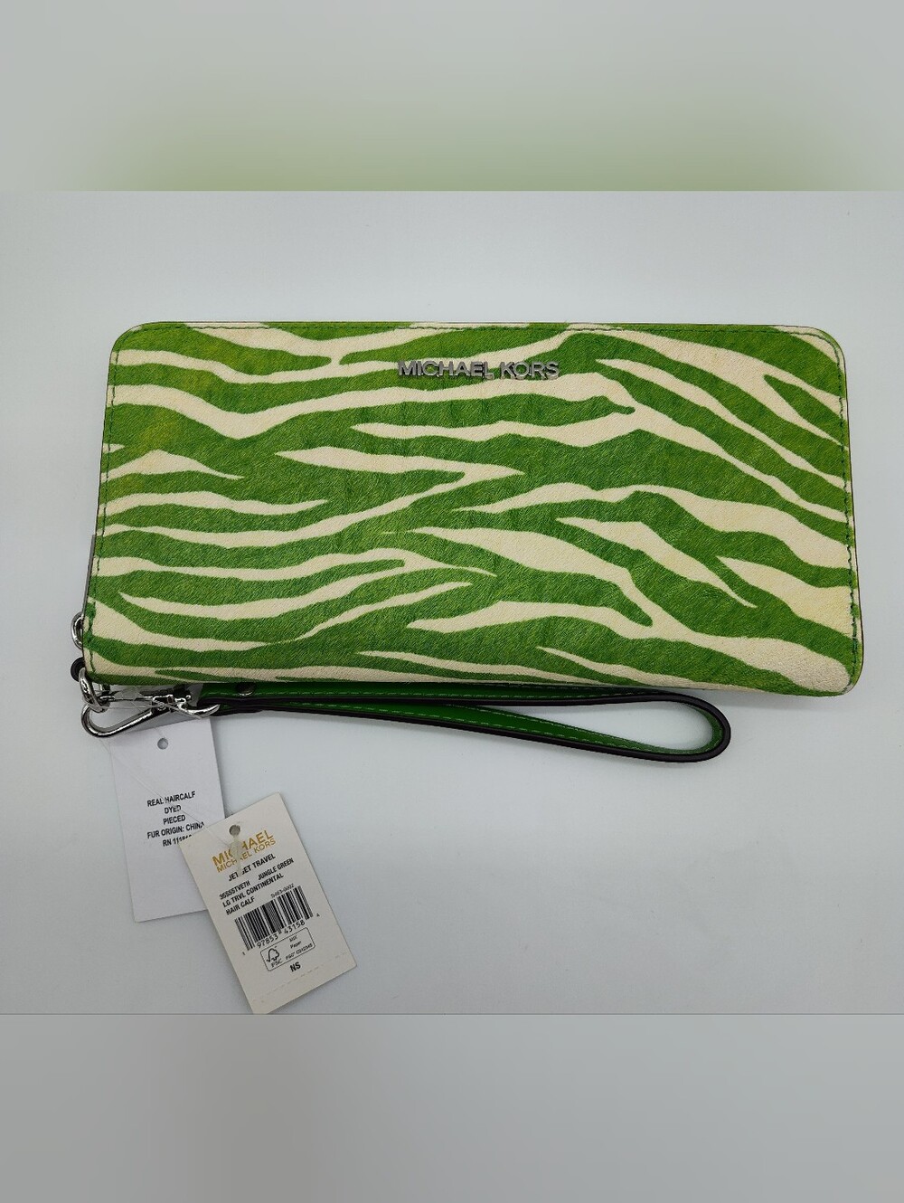 MICHAEL KORS Verte Green Zebra Calf Hair Haircalf Continental Wristlet NWT